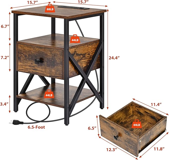 End Table with Charging Station, Charging Side Table Bedside Table with Outlets, Charger Nightstand, End Tables for Living Room, Night Stand with Storage for Bedroom, Brown