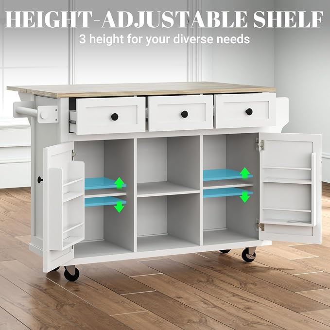 Rovibek Kitchen Island with Drawers 53 in Rolling Island Cart Mobile Solid Wood Portable Islands on Wheels with Storage Cabinet & Drawers, White