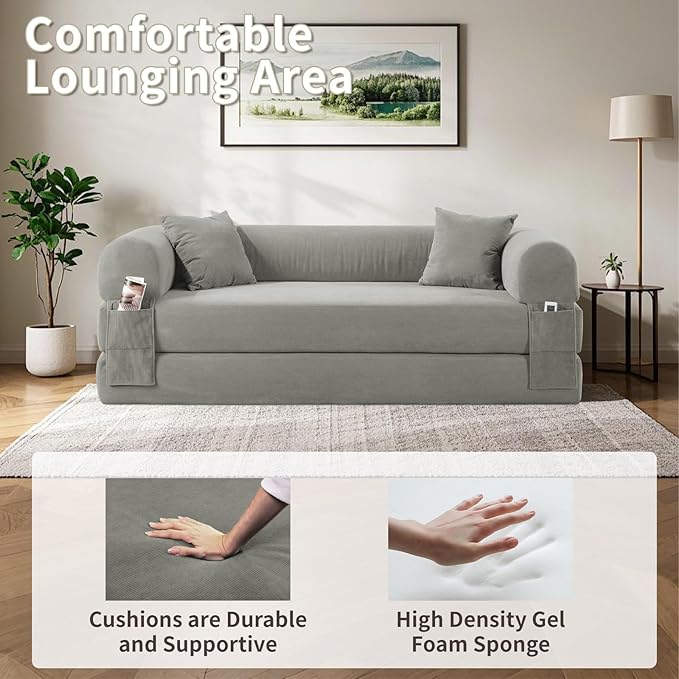 80" Convertible Sofa Bed, Corduroy Deep Seat Folding Pull Out Couch with Pillows, No Assembly Modern Boneless Couch Compression Sofa in Box, Floor Sofa with Storage Pocket for Living Room,Light grey