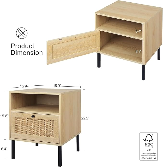 Rattan Nightstands Set of 2, Boho Night Stand with 1 Door, Accent End Table, Wood Bediside Table with Metal Legs&Open Shelf, Natural Wood