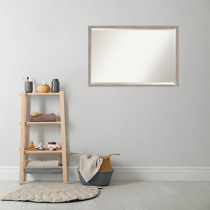 Amanti Art White Bathroom Mirror for Over Sink, 25x37 Hardwood Wedge White Wash Rectangle Vanity Mirror, Large Country Rustic Wood Frame, Hangs Horizonally and Vertically, Bathroom Wall Decor,