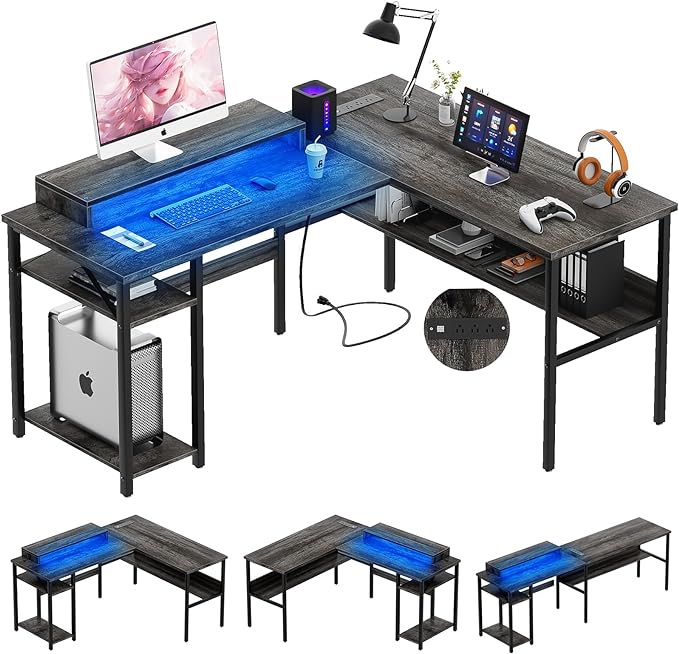 Unikito Reversible L Shaped Desk with Power Outlets and RGB LED Light, Sturdy Computer Desk with Ergonomic Monitor Stand and Storage Shelves, Corner Desk for Home Office, Easy Assembly, Black Oak