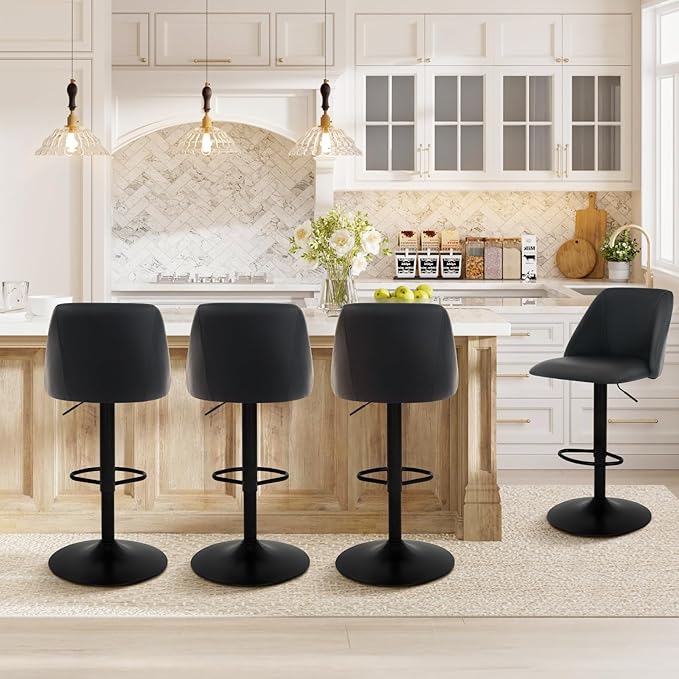 COLAMY Bar Stools Set of 2, Modern Swivel Bar Chairs, Adjustable PU Leather Upholstered Barstools Counter Height with Full Backrest for Bar, Dining Room, Kitchen Island, Black