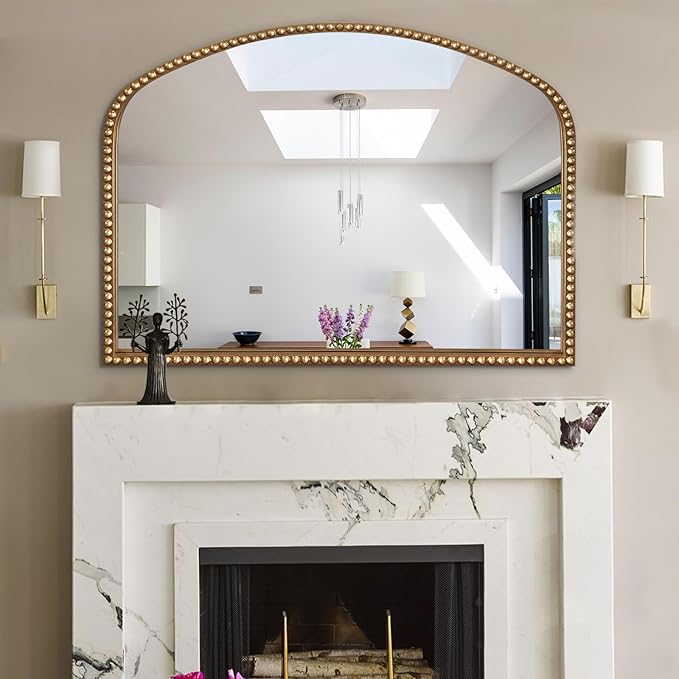 ironsmithn Gold Arched Mirror, 28"x36" Antique Mirrors with Beaded Frame, Classic Vintage Decorative Mirror, Marlowe Accent Mirrors for Mantel Fireplace Bedroom Bathroom Living Room Entryway