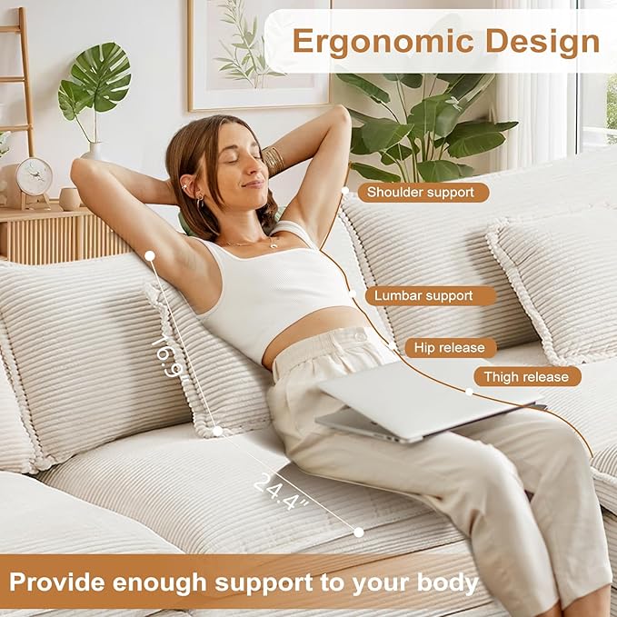 Furniliving Oversized Accent Chair with Ottoman, Luxury Corduroy Single Sofa, Upholstered Deep Seat Chaise Lounge with Pillows for Living Room, Bedroom, Apartment, Beige