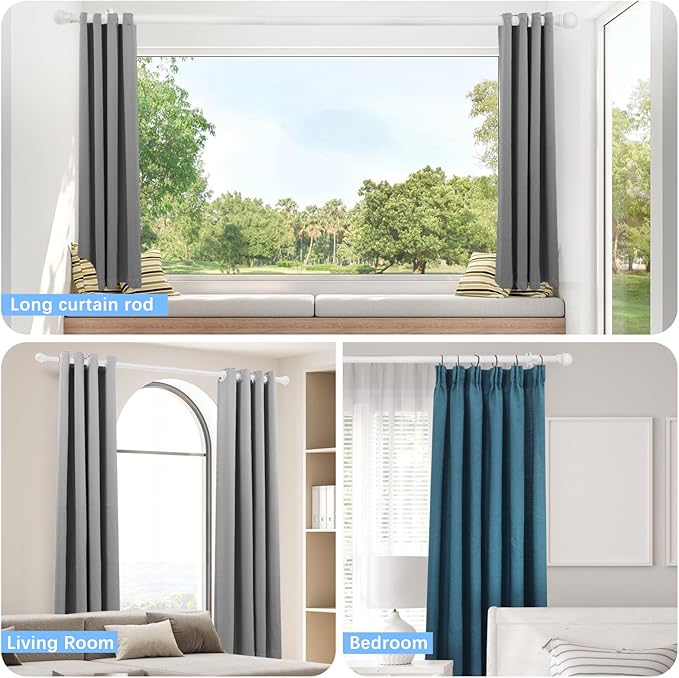 Curtain Rods for Windows 16 to 136 Inches, Curtain Rod Max Adjustable Length of 144 IN, 1" Diameter Drapery Rods Round Finials, White, Pack of 2