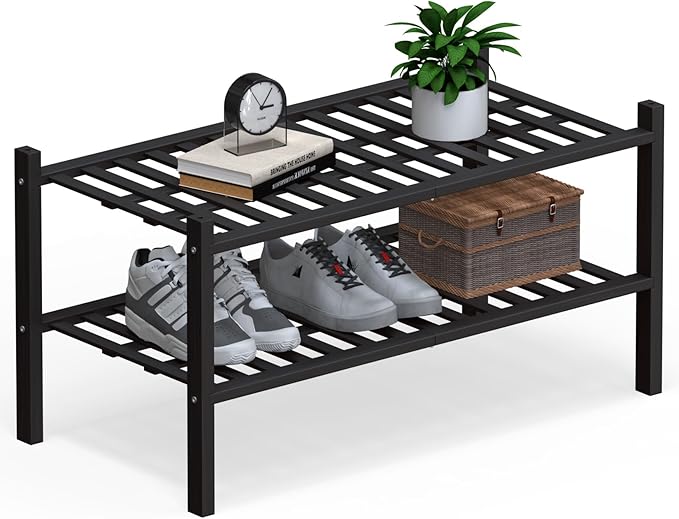 Haddockway Large 2 Tier Bamboo Shoe Rack Storage Organizer, Multifunctional Free Standing Stackable Shoe Shelf with Grid Panel for Closet,Hallway,Entryway,Small Space 27"x12"x14"(Black, 2-Tier(Large))