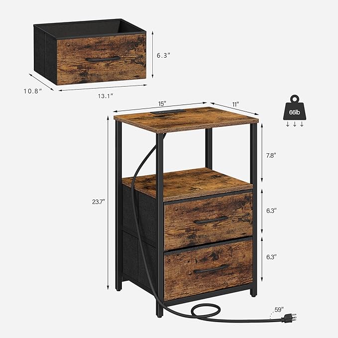TUTOTAK LED End Table with Charging Station, Nightstand with Cloth Drawer, Side Table with 1 USB Port and 1 Type-C Port, Set of 2, Couch Table, Brown TB01BB052L