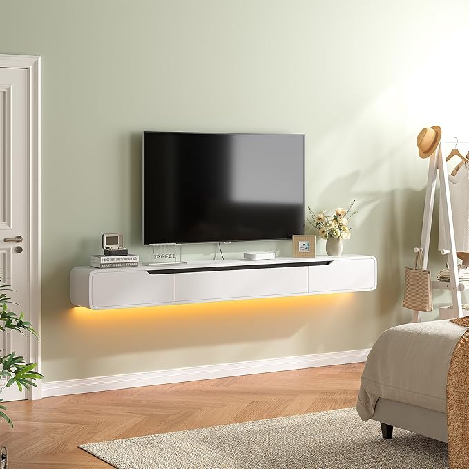 Fully-Assembled Floating TV Stand with Drawers, 94IN High Gloss Wall Mounted Entertainment Center, Modern Media Console with Storage, Under TV Shelf for Bedroom Living Room White