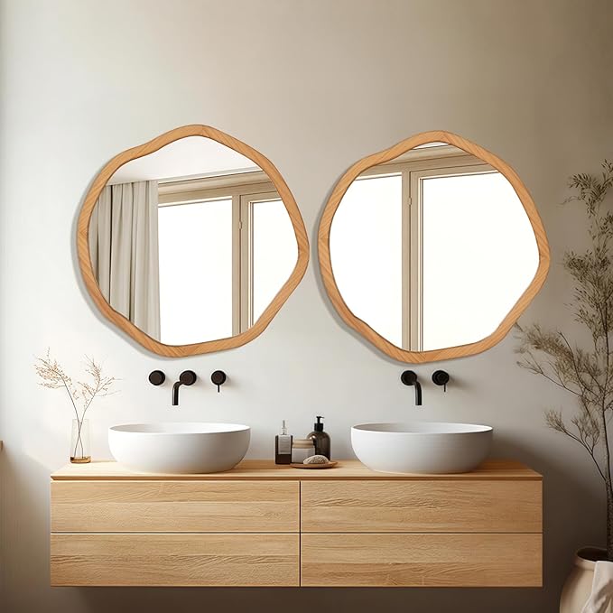ULIKE Round Wood Mirror 24 Inch Circle Wall Mirror, Asymmetrical Bathroom Vanity Mirror with Wood Frame, Decorative Wall Mounted Mirror for Bedroom, Living Room, Entryway, Natural
