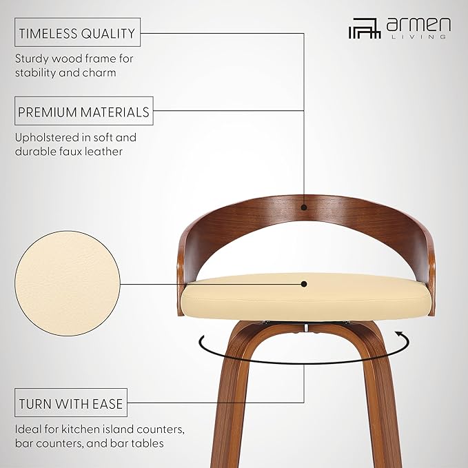 Armen Living Sonia 30" Bar Height Swivel Cream Faux Leather and Walnut Wood Bar Stool