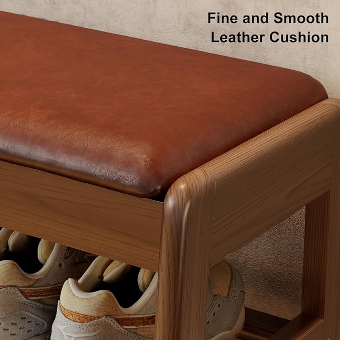 Small Shoe Bench with Leather Cushion,2 Tiers Shoe Rack Bench with Flip-Top Storage,Wood Shoe Rack for Entryway（Orange,23.62"）
