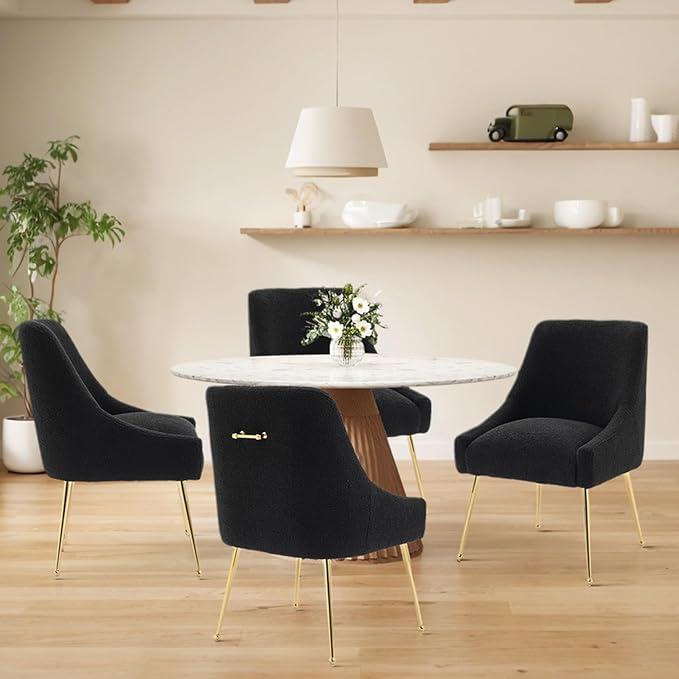 Modern Velvet Dining Chairs Set of 6, Contemporary Upholstered Furniture Collection with Polished Gold Metal Legs, Elegant Accent Chairs for Kitchen Living Room(Teddy Fleece,Black)