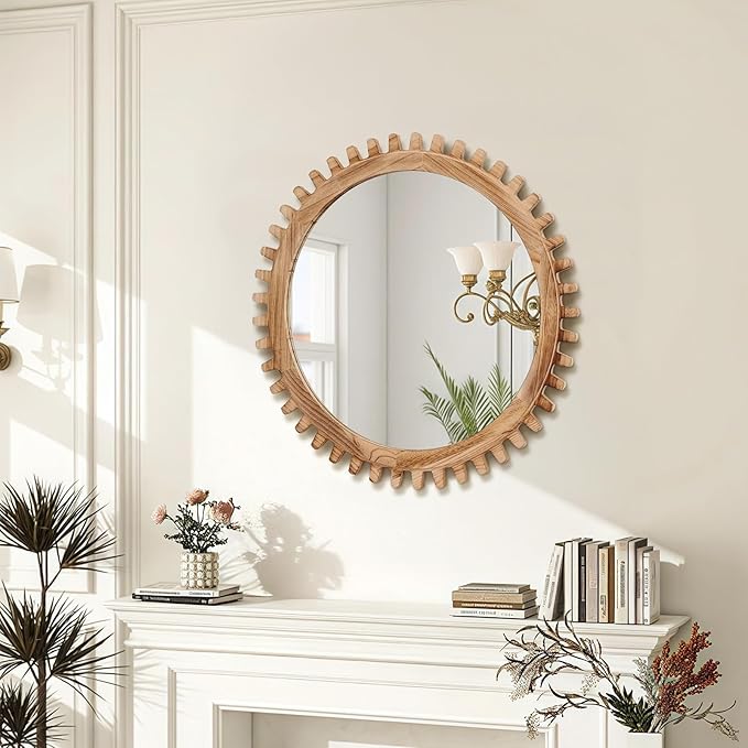 ULIKE Round Wood Mirror, 24 Inch Rustic Farmhouse Circle Mirror with Wooden Frame, Mordern Wall Decor for Bathroom Nursery Bedroom Living Room Entryway, Brown