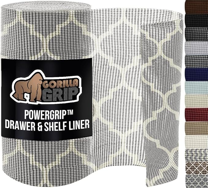 GORILLA GRIP powerGRIP Drawer Shelf and Cabinet Liner, Thick Strong Hold, Non-Adhesive Liners Protect Kitchen Cabinets and Cupboard, Bathroom Drawers, Easy Install, Breathable Mat, 12" x30' Quatrefoil