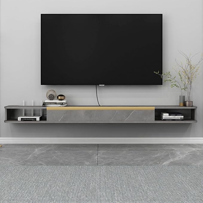 Floating TV Stand, 47'' Wall Mounted Entertainment Center TV Media Console, Floating Shelves with Door, Floating TV Cabinet Large Storage TV Bench for Living Room (Dark Grey, 47.63IN)