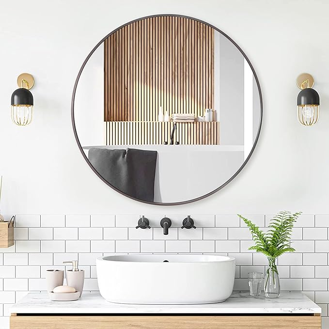 36 inch Dark Grey Circle Wall Mirror, Brushed Titanium Metal Framed Round Mirror for Bathroom Vanity, Bedroom Decor, Living Room, Entryway