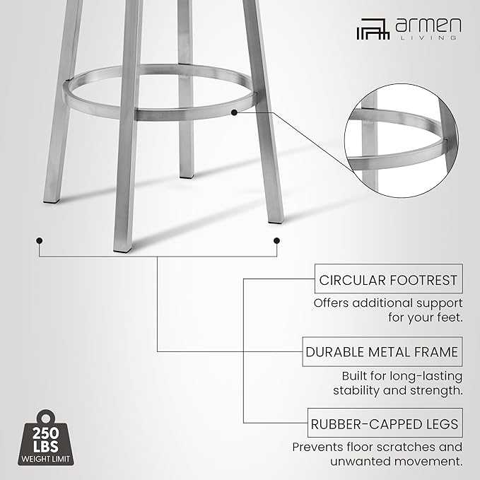 Armen Living Lorin Modern 26" Seat Height Gray Faux Leather and Brushed Stainless Steel Metal Swivel Bar Stool for Kitchen Island Counter