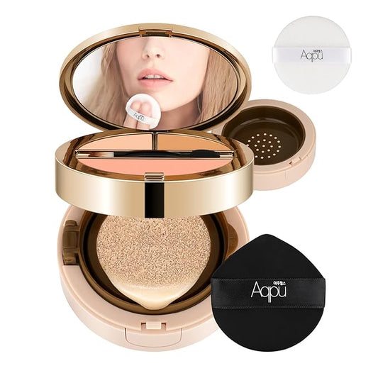 Cushion Foundation, Essential Skin Nuder Cushion, 4-in-1 Triple Layer Korean Skin Care & Face Beauty Makeup, Easy Application for All Skin Types, (Concealer, Cushion Cream, Setting Powder), #01-IVORY