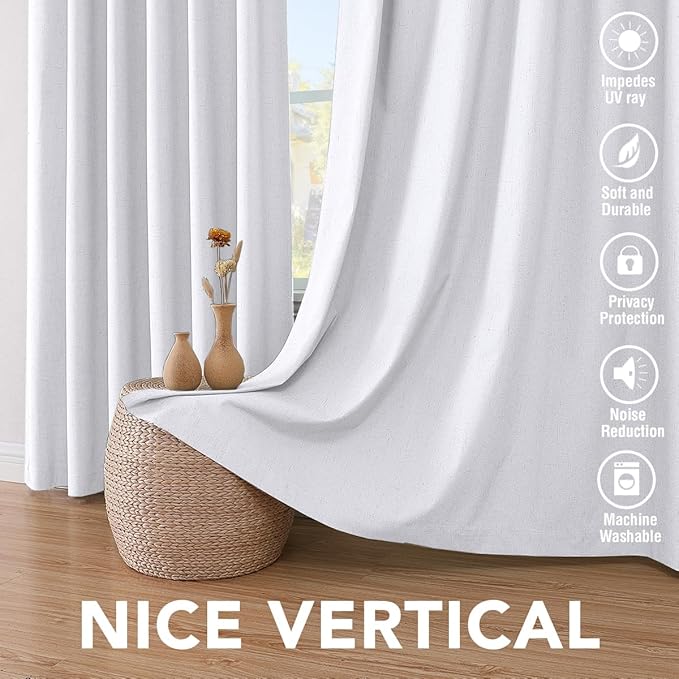 H.VERSAILTEX Primitive Linen Curtains 100% Blackout Curtain Drapes Burlap Curtains with White Thermal Insulated Liner, Grommet Top Drapes Living Room/Bedroom (2 Panels, 42 x 63 Inch, Bright White)