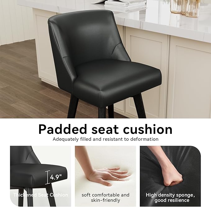 Vipbear Swivel Counter Height Bar Stools Set of 3,26.8" H Counter Stools with Back, Mid Century Modern Bar Stools for Kitchen Island,Faux Leather,Wooden Base, Black