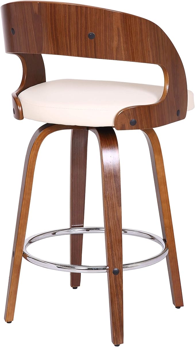 Armen Living Shelly 26" Counter Height Swivel Cream Faux Leather and Walnut Wood Bar Stool - Set of 2