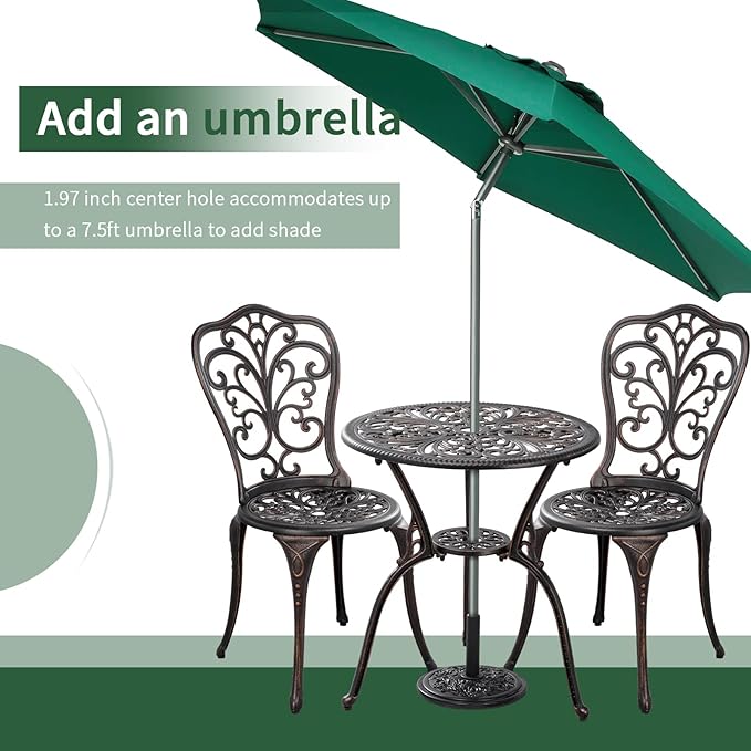 Outdoor Bistro Set 3 Piece Patio Bistro Set with Umbrella Hole, Weather Resistant Bistro Table and Chairs Set of 2 for Porch Garden, Bronze
