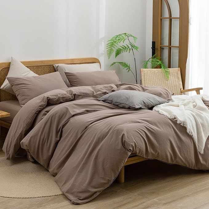 BESTOUCH Duvet Cover Set 100% Washed Cotton Linen Feel Super Soft Comfortable Chic Lightweight 3 PCs Home Bedding Set Solid Pine Bark Brown Super King