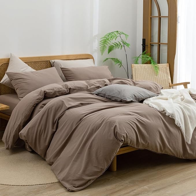 BESTOUCH Duvet Cover Set 100% Washed Cotton Linen Feel Super Soft Comfortable Chic Lightweight 2 PCs Home Bedding Set Solid Pine Bark Brown Twin/Twin XL