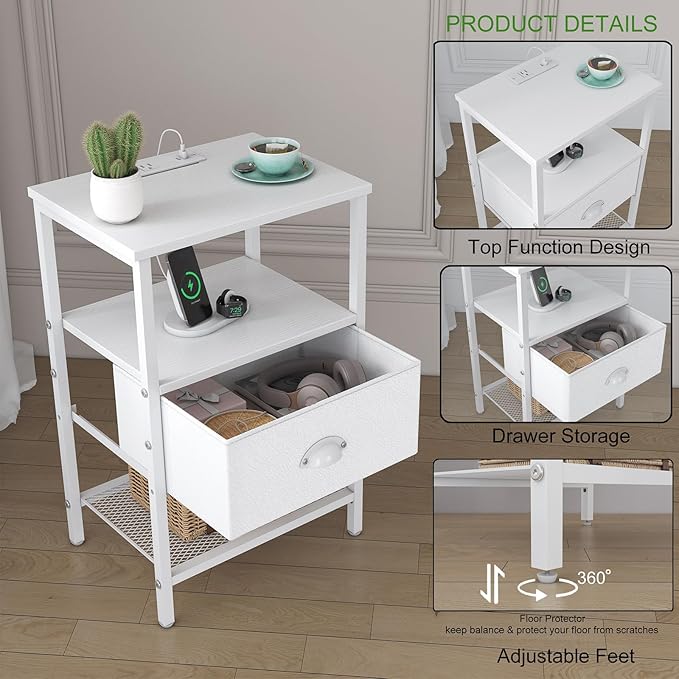 Nightstands Set of 2, Night Stands with Charging Station and Fabric Drawer PU Finish, Bedside Tables with Storage, 3 Tier Side Table with Open Shelf, Nightstands with Charging Station,White