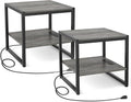 Homieasy End Table with Charging Station, 20 Inch Mini Fridge Stand with 2-Tier Open Shelf, Square Bedside Nightstand & Sofa Side Table for Small Spaces, Grey - 2 Pack