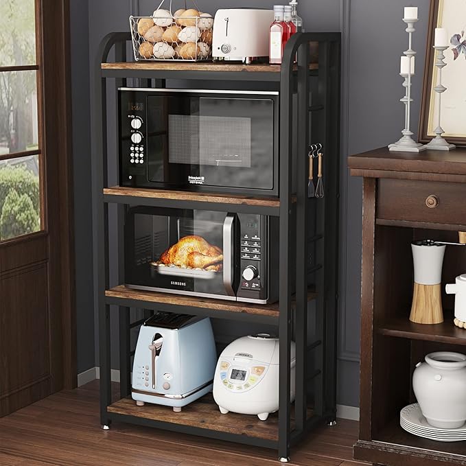 Microwave Oven Stand with Storage 4 Tiers, Free Standing Microwave Oven Stand Coffee Bar Adjustable Kitchen Shelves Kitchen Storage Shelf Rack Bakers Racks for Kitchens(Brown)