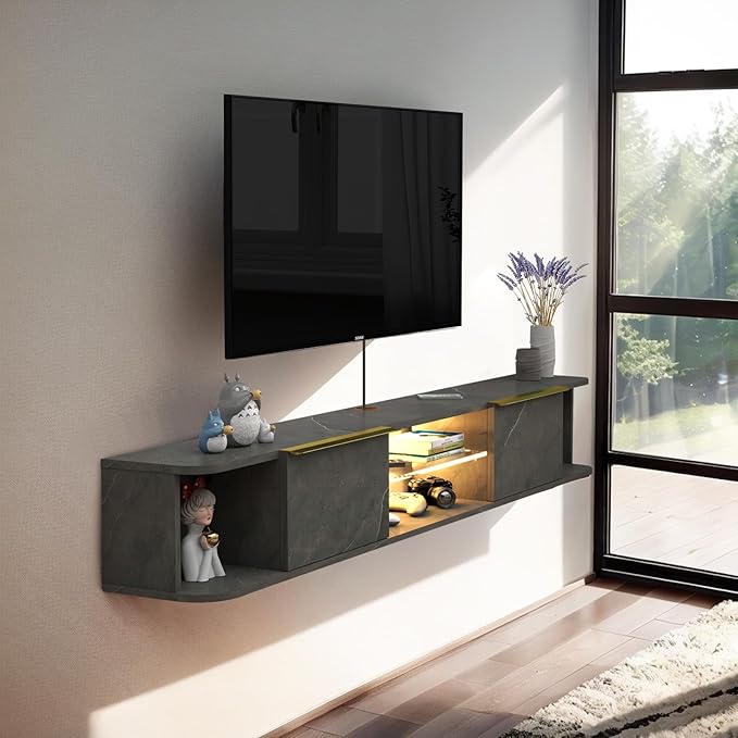 Pmnianhua LED Floating TV Stand with 2 Drawers,63'' Under TV Shelf with LED Lights,Wall Mounted TV Console,Floating TV Shelf with Storage for Bedroom Playroom Living Room(Dark Grey)