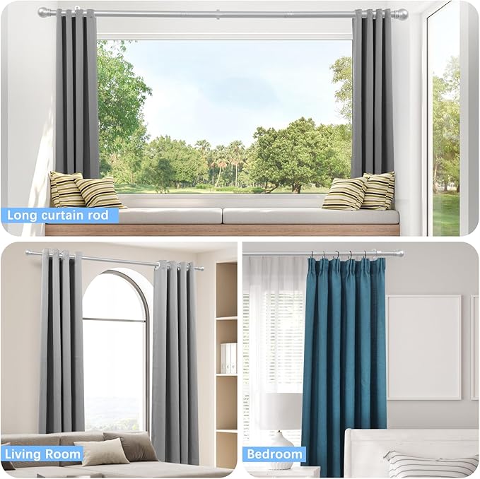 Curtain Rods for Windows 16 to 150 Inches, Curtain Rod Max Adjustable Length of 160 IN, 1" Diameter Drapery Rods Round Finials, Satin Silver, Pack of 2