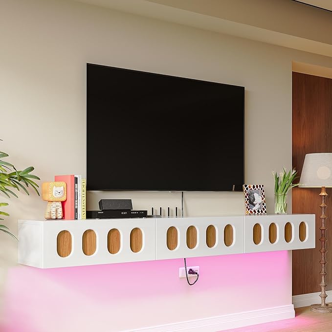 Floaticase Floating TV Stand, 86IN Fully Assembled High Gloss Wall Mounted Entertainment Center with Flip-Down Doors & Drawers, TV Console Under TV Shelf for Bedroom Livingroom