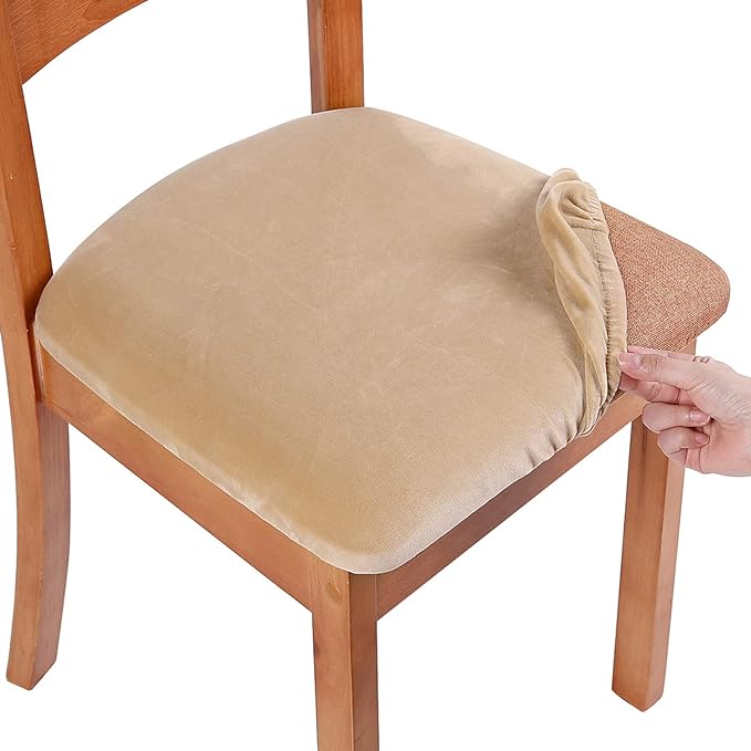 Smiry Velvet Seat Covers for Dining Room Chair Set of 4, Stretch Fit Removable Washable Chair Seat Cushion Protector Slipcovers with Ties, Beige