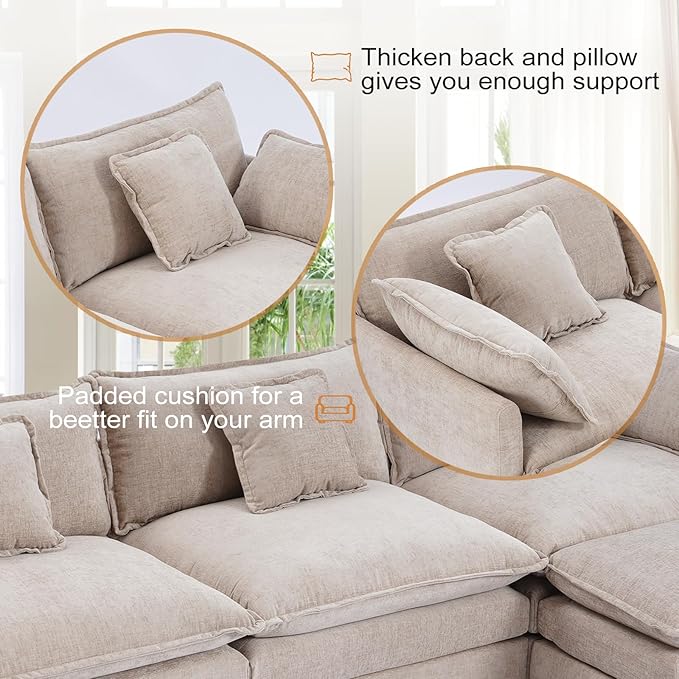 Furniliving Oversized Accent Chairs with Ottoman, Luxury Chenille Single Sofa, Upholstered Deep Seat Chaise Lounge with Pillows for Living Room, Bedroom, Apartment, Camel