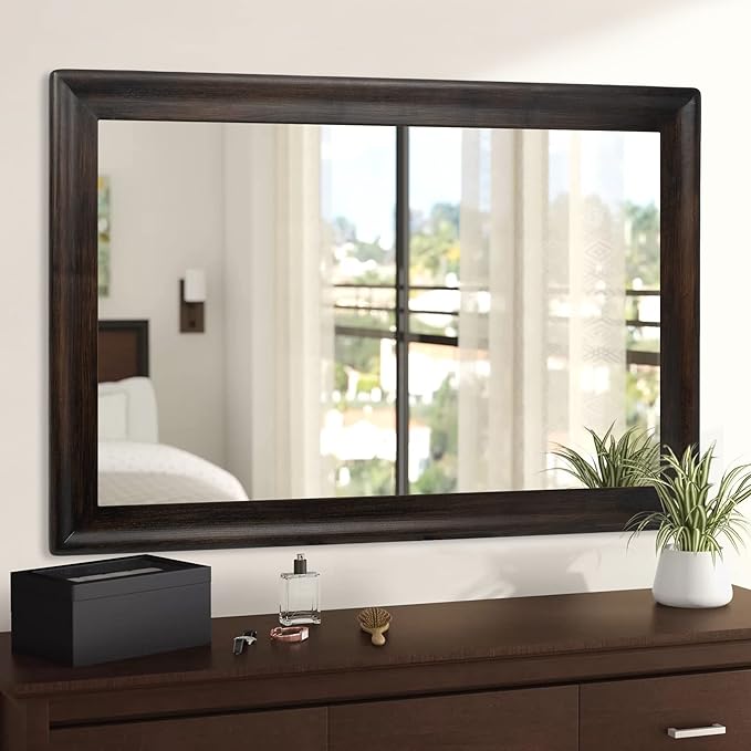 CULER Rustic Wood Wall Mirror for Bathroom,Rectangle 24 x 36 inch Hanging Black Mirrors with Wooden Frame for Living Room,Bedroom,Entryway(Dark Walnut)