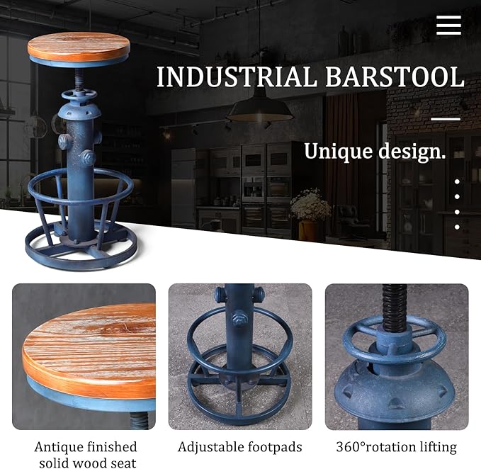 Topower Aged Steampunk Deco Industrial Round Bottom Adjustable Height Cafe Coffee Retro Vintage Fire Hydrant Design Pub Kitchen Counter Bar Stool (Antique Blue, Wooden Top)