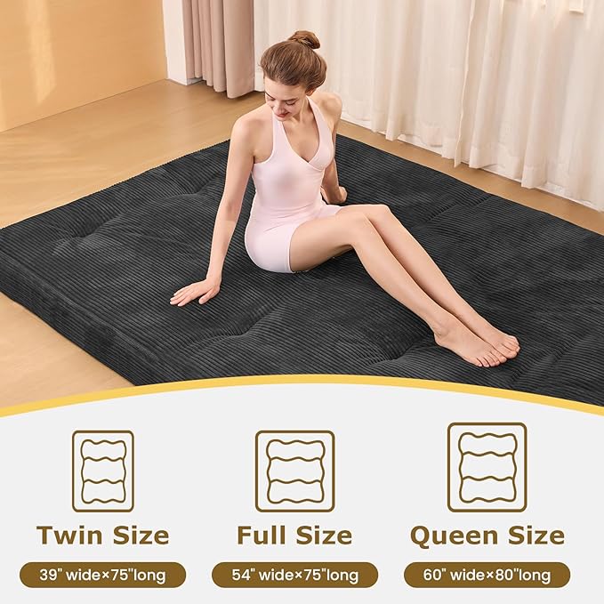 Japanese Floor Mattress, 4" Thicken Futon Mattress Full Size Sleeping Pad, Corduroy Foldable Mattress Pad Roll Up Tatami Mat Floor Mattress for Adults（Grey）