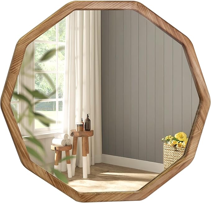 ULIKE Wood Mirror for Wall, 30 Inch Rustic Farmhouse Mirror with Wood Frame, Decorative Wall Mounted Vanity Mirrors for Bathroom Bedroom Living Room Entryway, Brown