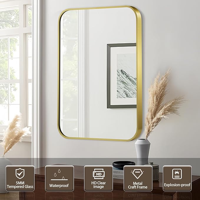 Matte Gold Mirror, 48x30 Inch Brushed Gold Mirror, Aluminum Alloy Framed Vanity Mirror, Rounded Rectangle Bathroom Mirror for Over Sink, Anti-Rust Wall Mirror (Horizontally or Vertically)