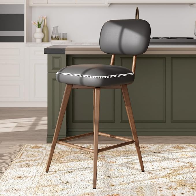 Swivel Bar Stools Set of 6, Mid Century PU Leather Counter Height Bar Chairs with Low Back and Metal Legs, Modern Bar Stool Chair for Kitchen Island, Black