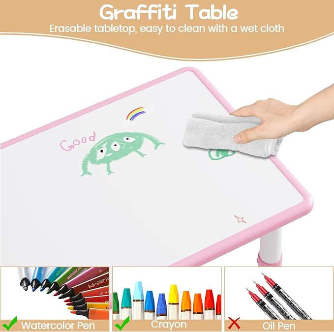 GarveeHome Kids Table and 6 Chairs Set, Height Adjustable Toddler Table and Chair Set, Graffiti Desktop, Children Study Play Dinner Table for Home Daycare Preschool for Ages 2-8, Pink