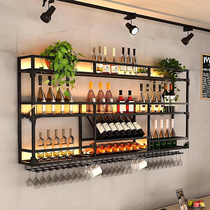 Metal Wall-Mounted Wine Rack with LED Light - 3 Tier Wine Storage Display Rack with Glass Holder - Space-Saving Bottle Display Shelf for Home Bars, Dining Rooms(Black, 39in/100cm)