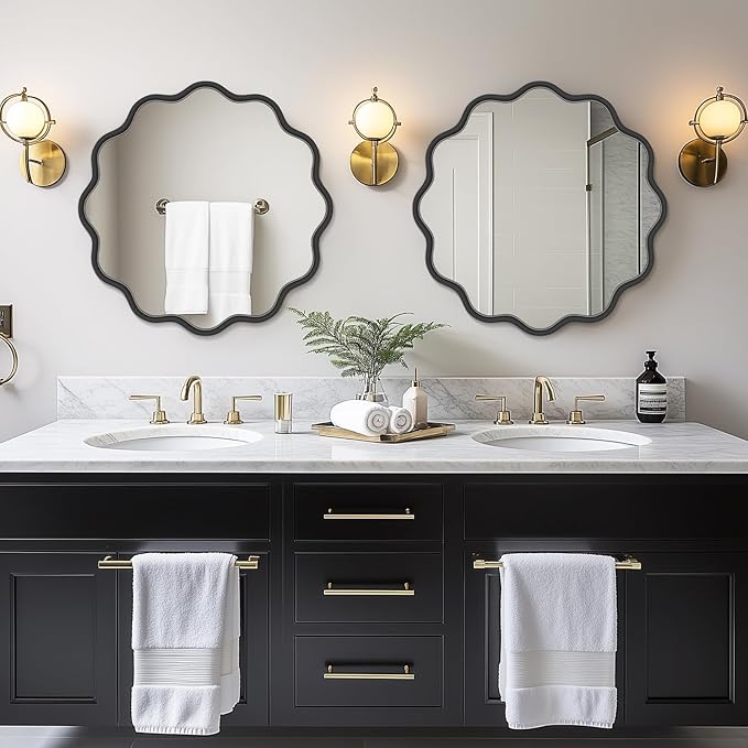 PROHOMEWARE Black Round Mirror 24 Inch Wavy Bathroom Vanity Mirror Black Frame Modern Wall Mirror Decorative Wall-Mounte Anti-Rust, Tempered Glass
