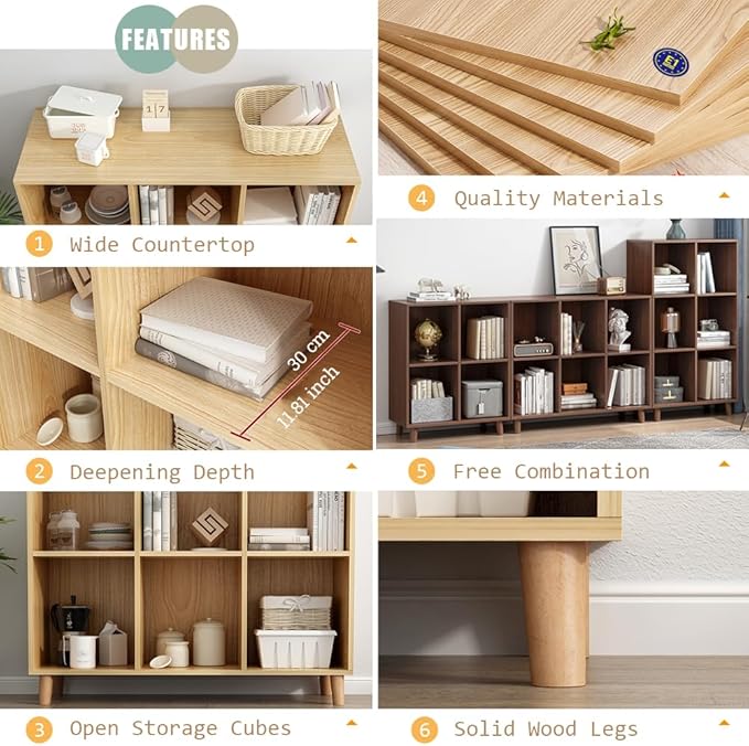 IOTXY Open Cube Low Bookcase - 3-Tier Freestanding Storage Display Cabinet Organizer with Legs for Home Office, 3-Cubes Open Shelf Short Bookshelf, Walnut