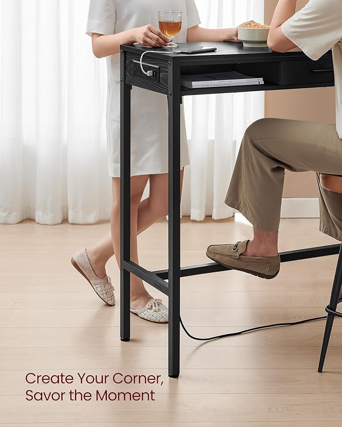 VASAGLE Bar Table with Power Outlets, 39.4 Inches Long Bar Height Pub Table, Rectangular High Top, with Movable Drawer, 2 Hooks, Narrow Storage for Kitchen, Dining, Entryway, Ebony Black