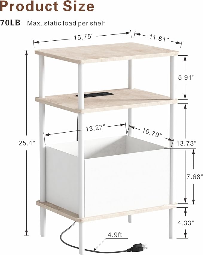 Small Side Table with Charging Station, Set of 2 End Table for Small Spaces, Slim Nightstand with Outlet,Sofa Beside Table, 3-Tier Storage Shelf,Living Room, Bed Room, Natrual Oak