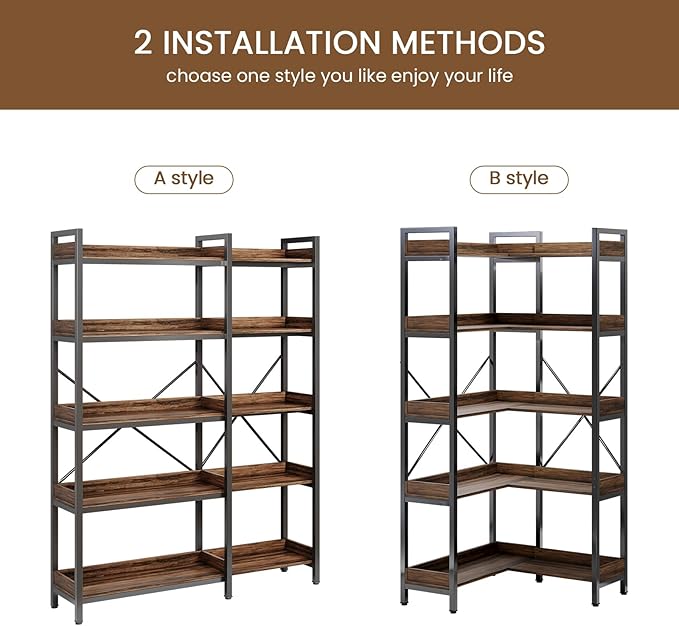 5-Tier Corner Bookshelf - Modern Tall Corner Bookcase with Sturdy Metal Frame, Large Storage L Shaped Bookshelf for Living Room/Home Office/Bedroom, Space-Saving Design, Rustic Brown